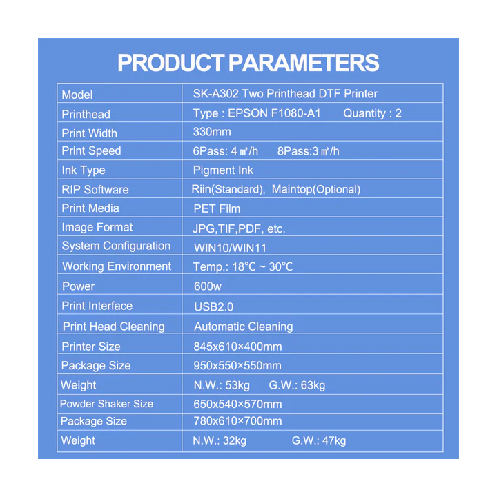 Imprimante double tete d impression DTF SK-A302
